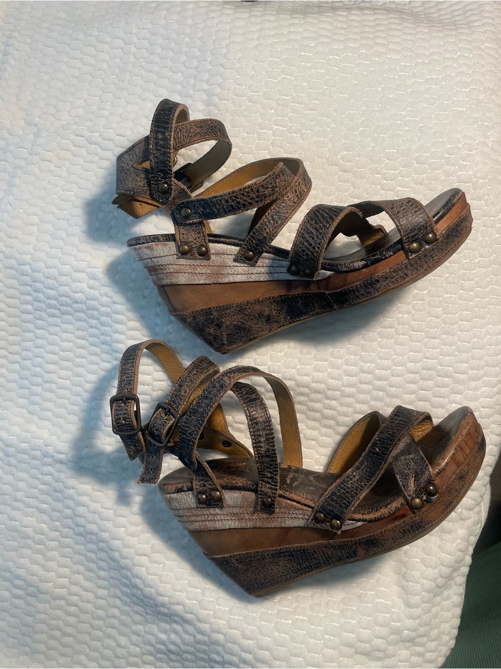BED|STU Distressed Brown Multi-Strap Wedge Sandals